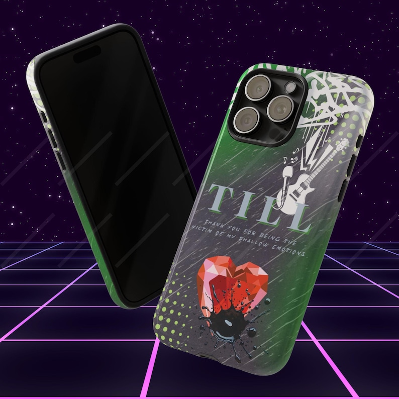 🎵 Alien Stage Phone Case Designs:
💚 ALNST TILL: Grey and neon green background with electric guitar from "Unknown (Till the End)", rain from "Cure", and neon accents from "Blink Gone". Features the quote: "Thank you for being the victim of my shallow emotions".
