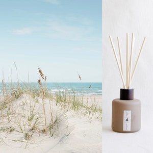 May include: A brown glass diffuser bottle with a dark brown wooden lid and natural reeds. The bottle is labelled "Salt Air" and has a white background with a black logo. The diffuser is in front of a blurred image of a sandy beach with green grass and a blue ocean.