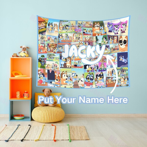 Blue Dog Wall Tapestry Wall Decor Customizable Kids' Cartoon Tapestry Personalized Wall Hanging for Kid's Room Playful Dog-Themed Design