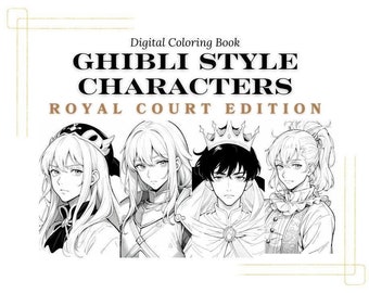 Royal Court Anime Charaktere Malbuch im Ghibli-Stil, süße Manga-Karikaturseiten für Kinder und Erwachsene, beruhigend und angstlindernd