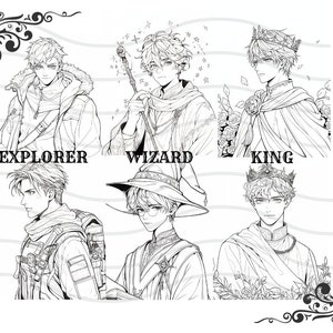 May include: Black and white line art illustration of four men with different character types: Explorer, Wizard, King, and a fourth character with no label. Each character is drawn in a detailed style with intricate clothing and accessories.