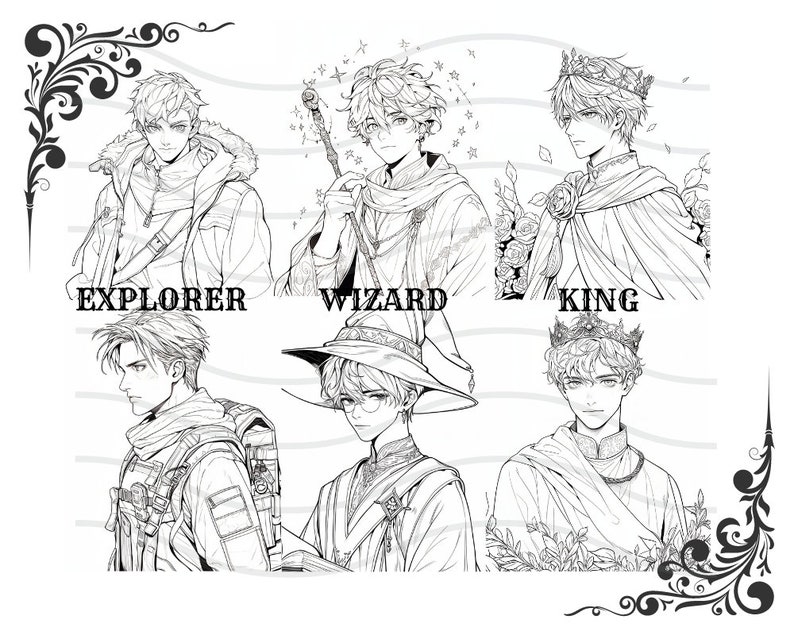 May include: Black and white line art illustration of four men with different character types: Explorer, Wizard, King, and a fourth character with no label. Each character is drawn in a detailed style with intricate clothing and accessories.