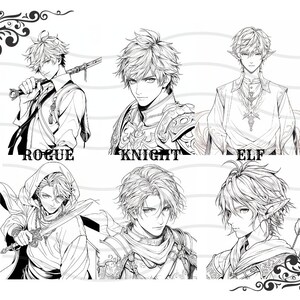 May include: Black and white line art illustration of four different character types: Rogue, Knight, Elf, and a fourth character type. Each character is depicted with a different weapon or tool, such as a sword, shield, bow and arrow, and a dagger.