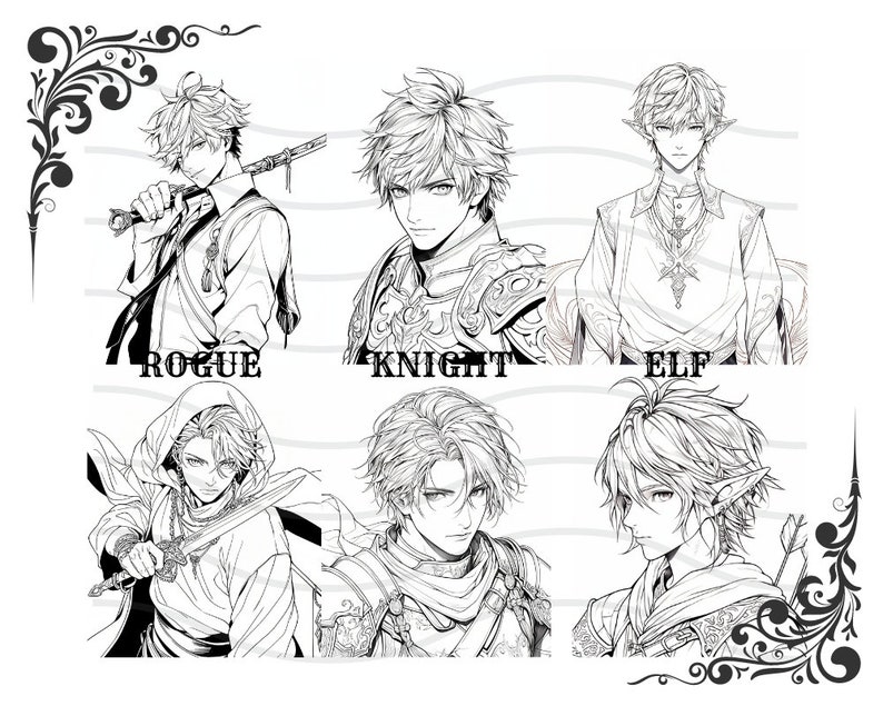 May include: Black and white line art illustration of four different character types: Rogue, Knight, Elf, and a fourth character type. Each character is depicted with a different weapon or tool, such as a sword, shield, bow and arrow, and a dagger.