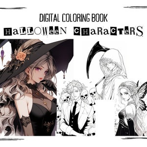 May include: Digital colouring book featuring Halloween characters. The characters include a witch with a black hat and dress, a grim reaper with a scythe, and a fairy with butterfly wings.