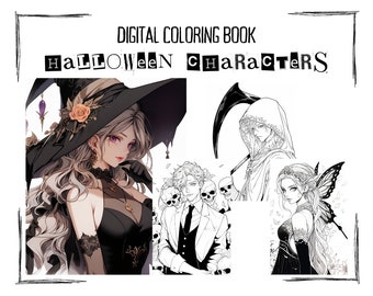Halloween Anime Malbuch, 15 Seiten Niedliche Manga Cartoon Charaktere Digitale Malseiten für Kinder & Erwachsene, beruhigend, Angstlinderung