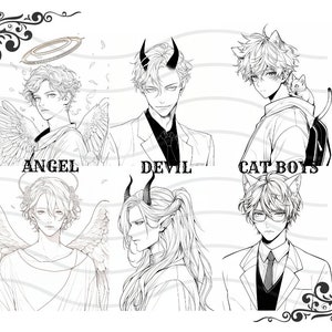 May include: Black and white line art illustration of four anime characters. The characters are labelled "Angel", "Devil", "Cat Boys", and "Devil".