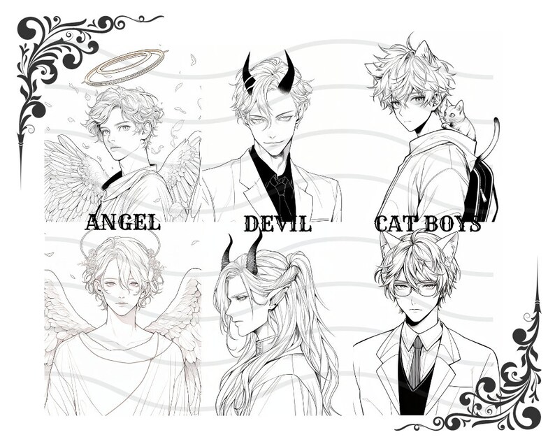 May include: Black and white line art illustration of four anime characters. The characters are labelled "Angel", "Devil", "Cat Boys", and "Devil".