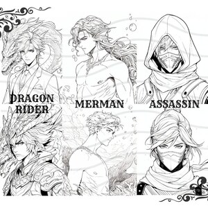 May include: Black and white line art illustration of four characters. The characters are a dragon rider, a merman, an assassin, and a warrior. Each character is depicted in a different pose and has a unique design. The illustration is set against a background of swirling lines and patterns.