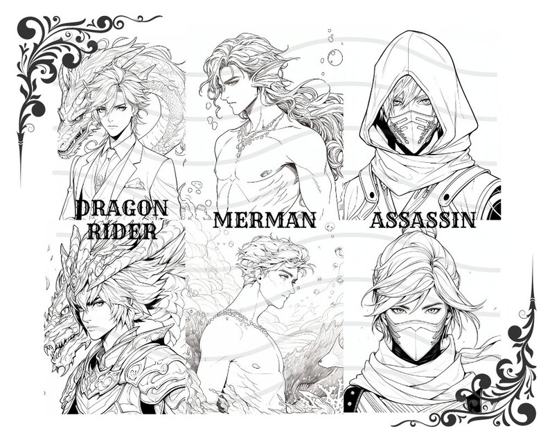 May include: Black and white line art illustration of four characters. The characters are a dragon rider, a merman, an assassin, and a warrior. Each character is depicted in a different pose and has a unique design. The illustration is set against a background of swirling lines and patterns.