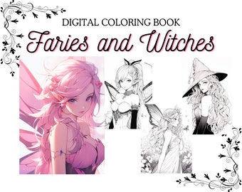Anime Fairies and Witches Coloring Book, 12 Pages Manga Cartoon Characters Coloring Pages for Children & Adults, Calming Anxiety Relief
