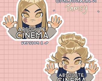 Pegatinas de vinilo troqueladas e impermeables con el meme de Gachiakuta Tamsy "Cine Absoluto"