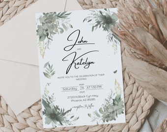 Wedding Green Flowers Invitation Template, Digital Printable Wedding Invitation with a Nature Theme, Editable Canva, Instant Download