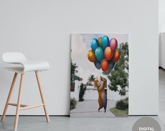 Cat Balloon Wall Art,Watercolor Cat And Balloons , Cat Balloons Poster,Cat Holding  Balloons.