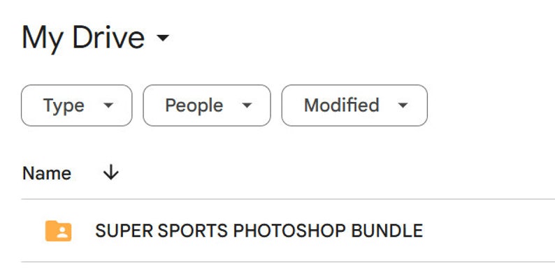 May include: Screenshot of a Google Drive folder listing. The folder is named "SUPER SPORTS PHOTOSHOP BUNDLE".