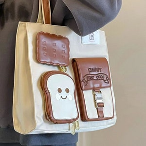 Süße Toast Tote Bag, Schule Pendeln Tasche, Handtasche mit großer Kapazität, Crossbody Tasche, Messenger Bag Light brown
