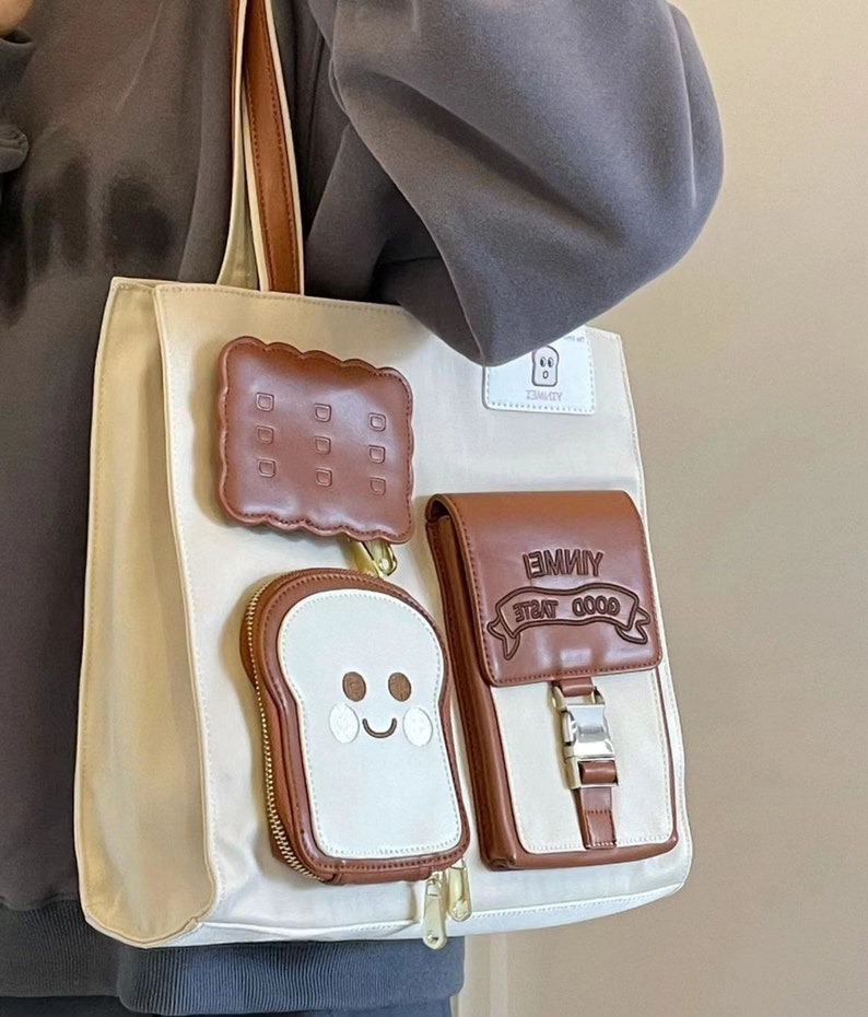 Süße Toast Tote Bag, Schule Pendeln Tasche, Handtasche mit großer Kapazität, Crossbody Tasche, Messenger Bag Light brown