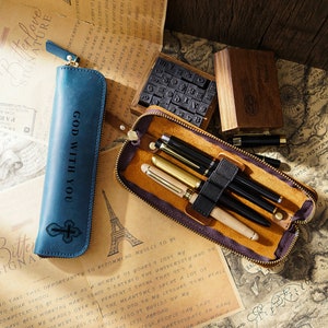 Personalized Fountain Pen Case, 3 Slots Leather Pen Holder, Travel