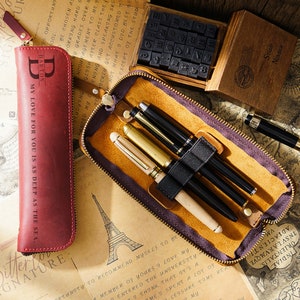Customized Leather Zipper Pen Case, Personalized Leather Name Pen Pouch, Leather Pen Holder, Fountain Pen Case, Pencil Case, Christmas gift