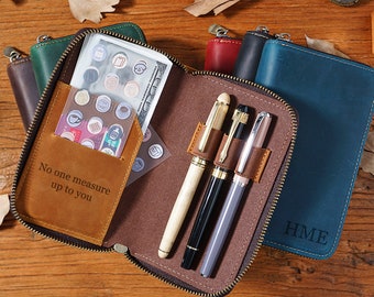 Personalized Leather Pencil Case, Customize Pen Organizer, Travel Pen Case, Leather Zipper Pouch,  Leather Pen Holder, Valentines Day Gift