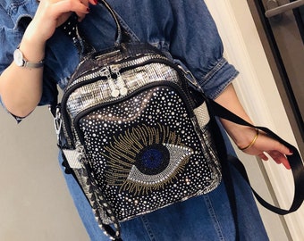 Vintage Leder Damen Rucksack, Handgefertigter Diamond Art Rucksack, Y2K Glitzer Rucksack, Retro Laptop Tablet Schultertasche - Geschenk für Sie