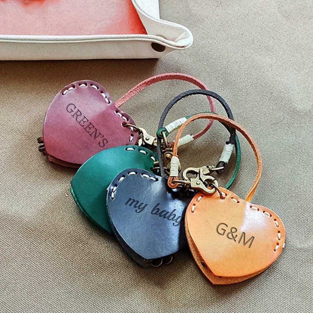 Personalized Handmade Oil Waxed Leather Heart Key Holder, Drawstring ...