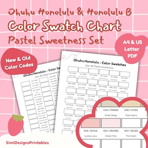 Può includere: Un set di campioni di colori pastello con il testo "Ohuhu Honolulu & Honolulu B Color Swatch Chart Pastel Sweetness Set". Include codici colore e una fragola. Disponibile nei formati A4 e US Letter PDF.
