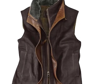 Chaleco de cuero genuino marrón oscuro para hombre: estilo vaquero occidental con aspecto vintage