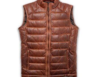 Distressed Tan Lambskin Puffer Vest - Handmade Men's Quilted  Leather Vest, Customizable Color, Stylish Gift for Him