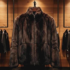 May include: A brown fur jacket with a high collar and a full-length zip. The jacket is hanging on a wooden hanger. The jacket is displayed in a clothing store.