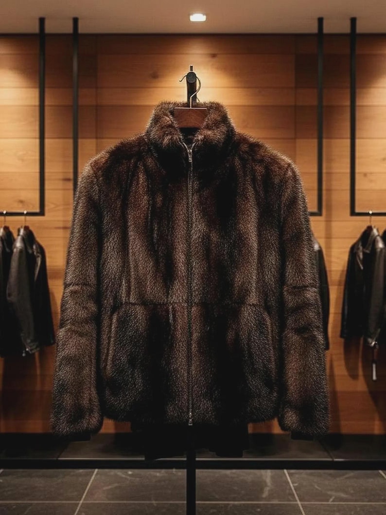 May include: A brown fur jacket with a high collar and a full-length zip. The jacket is hanging on a wooden hanger. The jacket is displayed in a clothing store.