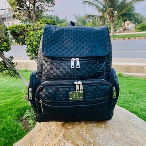 Handcrafted Cowhide Leather Backpack - Woven Weave Finish, Durable Stripe Design for Travel, Unique Unisex Gift