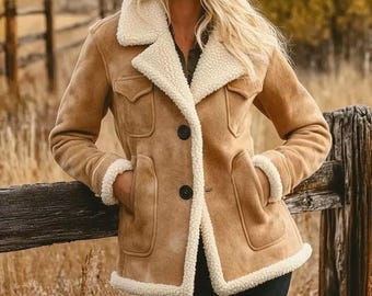 Women’s Suede Shearling Jacket | Aviator Bomber Style Western Winter Coat