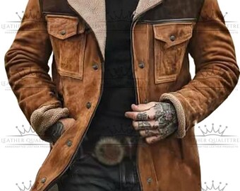 Chaqueta de aviador de ante de oveja para hombre, hecha a mano: abrigo vintage de cuero desgastado