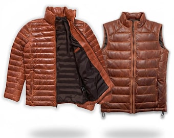 Men's Distressed Tan Lambskin Leather Puffer Vest: Handmade Quilted Design Winter Outerwear