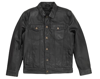 Handmade Lambskin Leather Trucker Jacket - Men's Black Biker Jacket
