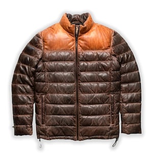 Real Lambskin Leather Puffer Jacket Dual Color Distressed Jacket