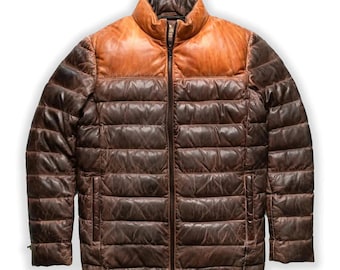 Real Lambskin Leather Puffer Jacket: Two-Tone Distressed Design