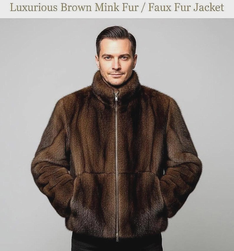 May include: A brown faux fur jacket with a high collar and a full-length zip. The jacket has a soft, textured appearance and two front pockets. The text at the top of the image reads "Luxurious Brown Mink Fur / Faux Fur Jacket."