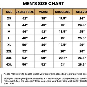 May include: A men's size chart with measurements in inches. The chart includes jacket size, waist, shoulder, sleeves, and length, with sizes ranging from XS to 4XL. The chart also includes a note about checking the order size.