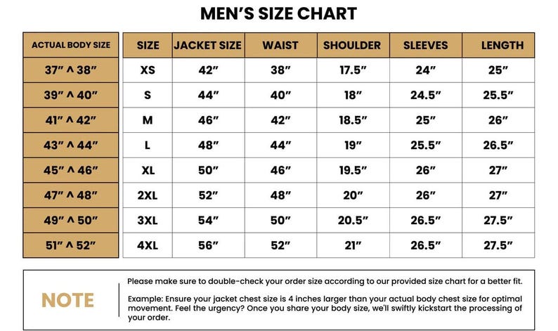 May include: A men's size chart with measurements in inches. The chart includes jacket size, waist, shoulder, sleeves, and length, with sizes ranging from XS to 4XL. The chart also includes a note about checking the order size.
