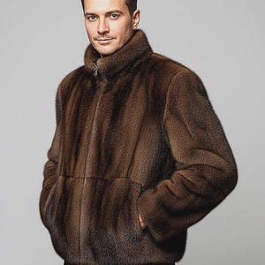 May include: A brown fur jacket with a high collar and a zip fastening. The jacket has a plush texture and a dark brown colour. The model is wearing the jacket with their hands in the pockets.