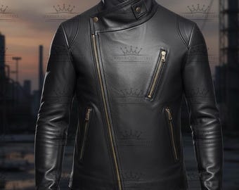 Asymmetrical Black Leather Moto Jacket – Slim Fit, High Collar