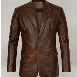 Blazer homme en cuir d&#39;agneau matelassé - Veste marron fabriquée à la main