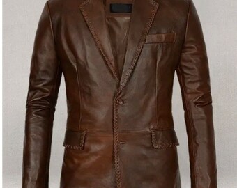 1. Handmade Men's Leather Blazer - Quilted Brown Lambskin, Classic Jacket for Business or Casual, Unique Gift for Him