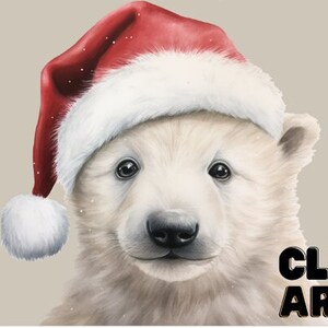Baby Polar Bear with Santa Hat Clipart - Cute Christmas Graphics - Instant Digital Download