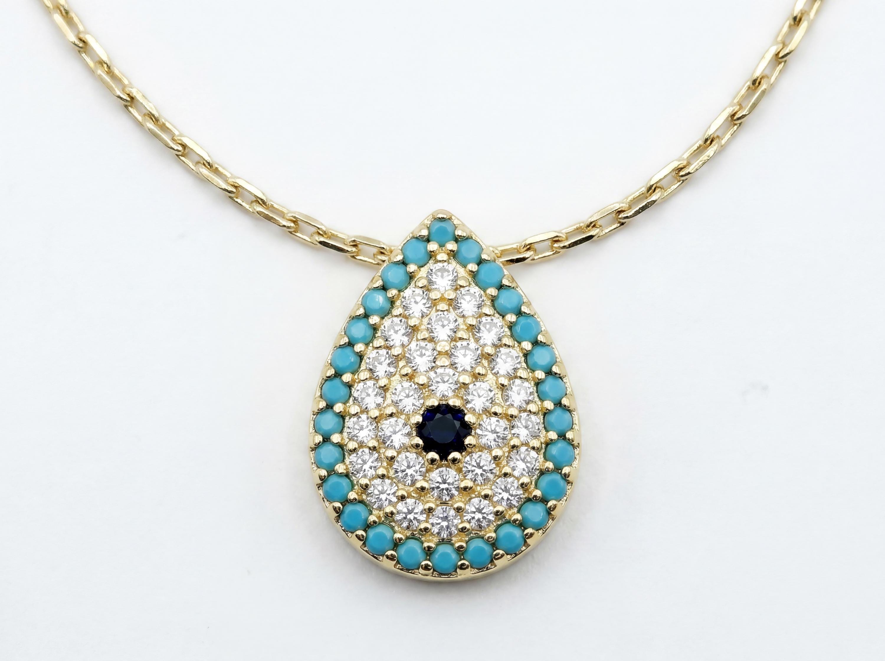 14K Gold Plated Evil Eye Necklace Teardrop CZ Dainty Protection Jewelry