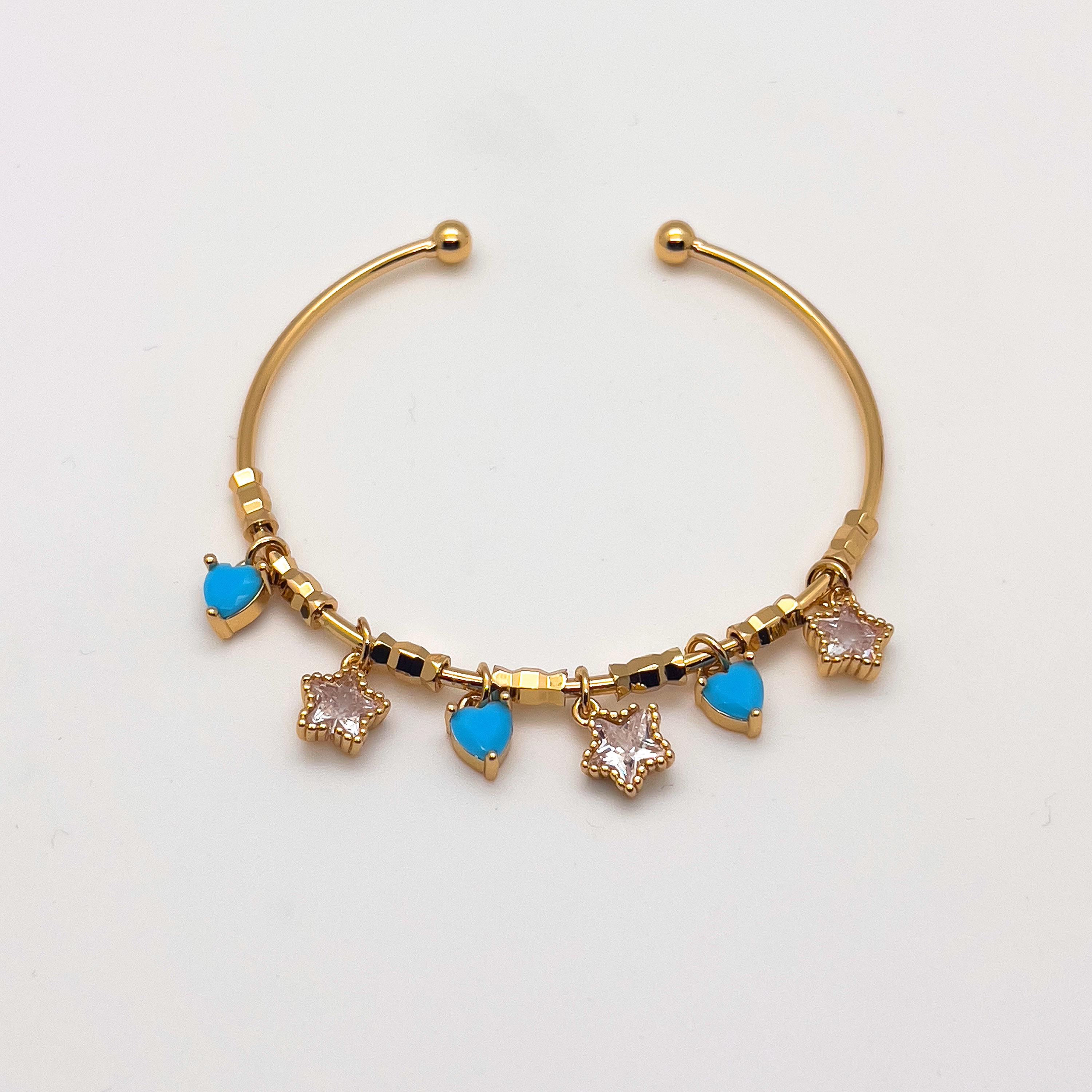 Heart Star Charm Bangle Bracelet 14K Gold Plated Zircon Adjustable Dainty