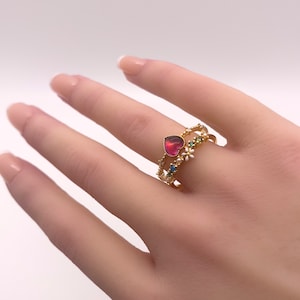 Gold Plated Heart Ring: Cubic Zirconia & Pearl, Double Band