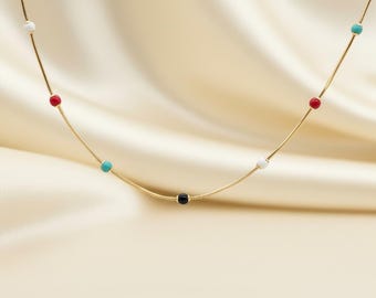 Gold Plated Colorful Beaded Necklace | Bead Charm Necklace | Colorful Necklace in Gold | Dainty Necklace